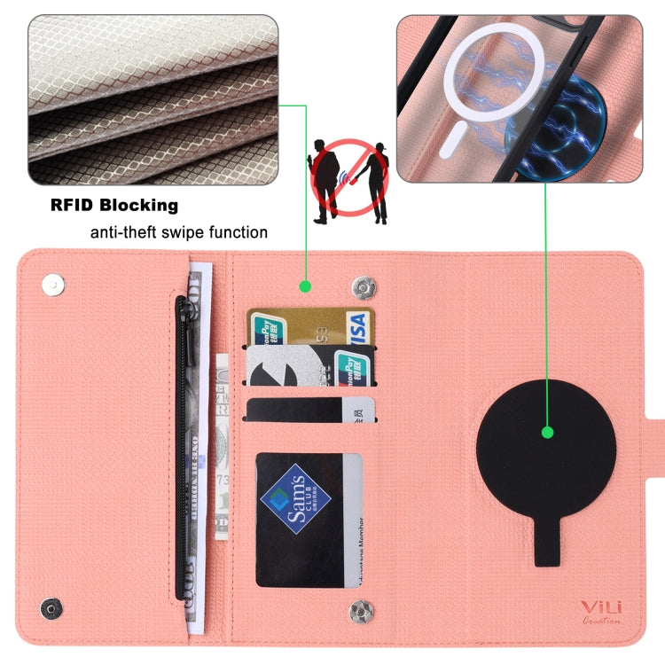 For iPhone 15 Plus ViLi GHB Series MagSafe Magnetic Zipper Leather Phone Case(Pink) - iPhone 15 Plus Cases by ViLi | Online Shopping South Africa | PMC Jewellery | Buy Now Pay Later Mobicred