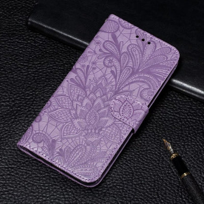 For iPhone 16 Lace Flower Embossing Flip Leather Phone Case(Purple) - iPhone 16 Cases by PMC Jewellery | Online Shopping South Africa | PMC Jewellery | Buy Now Pay Later Mobicred