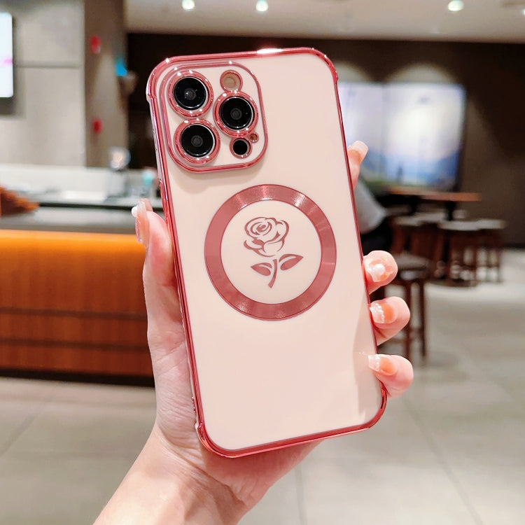 For iPhone 14 Pro Max Electroplate Side Roses Flower MagSafe Phone Case(Pink) - iPhone 14 Pro Max Cases by PMC TechLife | Online Shopping South Africa | PMC TechLife