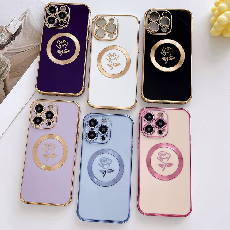 For iPhone 15 Pro Electroplate Side Roses Flower MagSafe Phone Case(Blue) - iPhone 15 Pro Cases by PMC Jewellery | Online Shopping South Africa | PMC Jewellery