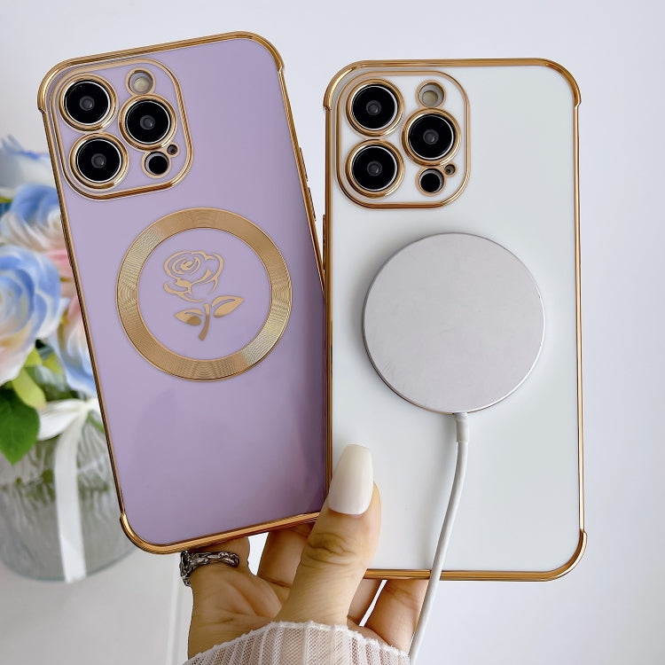 For iPhone 14 Plus Electroplate Side Roses Flower MagSafe Phone Case(Purple) - iPhone 14 Plus Cases by PMC Jewellery | Online Shopping South Africa | PMC Jewellery