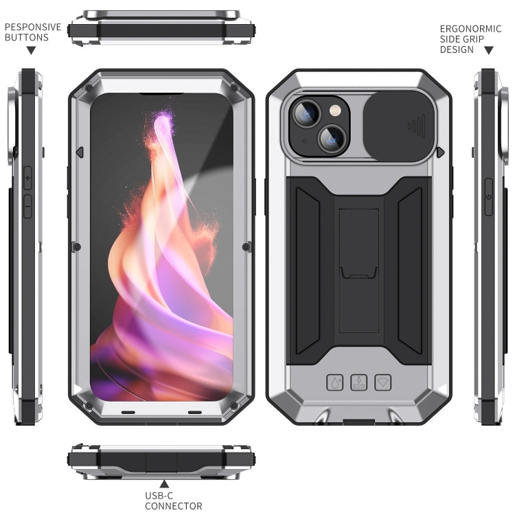 For iPhone 15 R-JUST Sliding Camera Life Waterproof Holder Phone Case(Silver) - iPhone 15 Cases by R-JUST | Online Shopping South Africa | PMC Jewellery