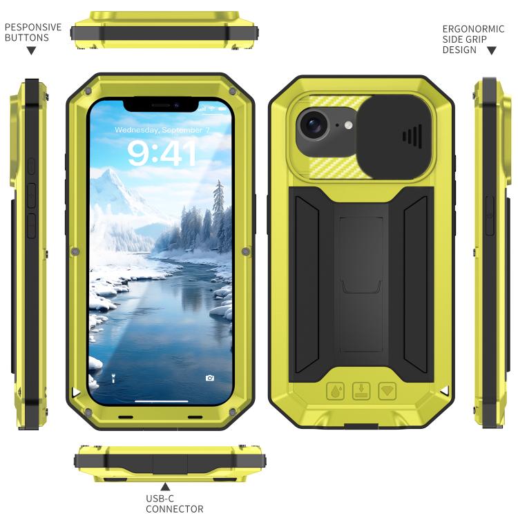 For iPhone 16e R-JUST Sliding Camera IP54 Life Waterproof Holder Phone Case(Yellow) - free shipping - PMC TechLife - Order now!