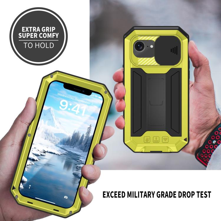 For iPhone 16e R-JUST Sliding Camera IP54 Life Waterproof Holder Phone Case(Yellow) - free shipping - PMC TechLife - Order now!
