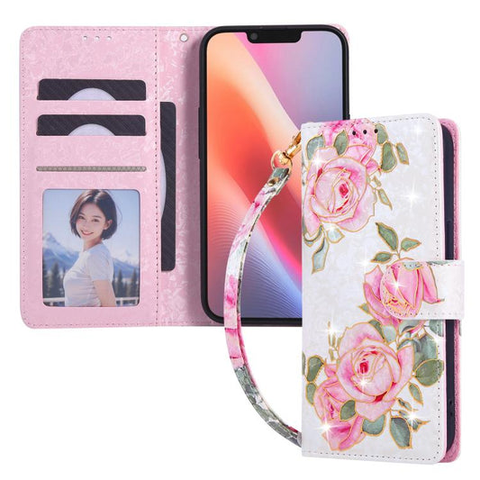 For iPhone 16e Bronzing Painting RFID Leather Case(Rose Flower) - iPhone 16e Cases by PMC Jewellery | Online Shopping South Africa | PMC Jewellery | Buy Now Pay Later Mobicred