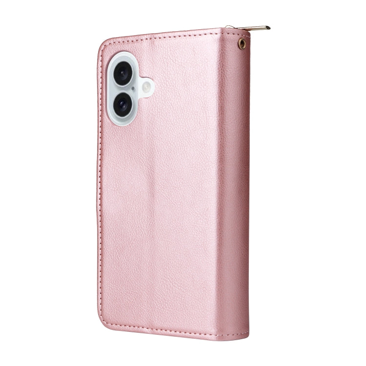 For iPhone 16 Plus 9 Card Slots Zipper Wallet Bag Leather Phone Case(Rose Gold) - iPhone 16 Plus Cases by PMC Jewellery | Online Shopping South Africa | PMC Jewellery | Buy Now Pay Later Mobicred