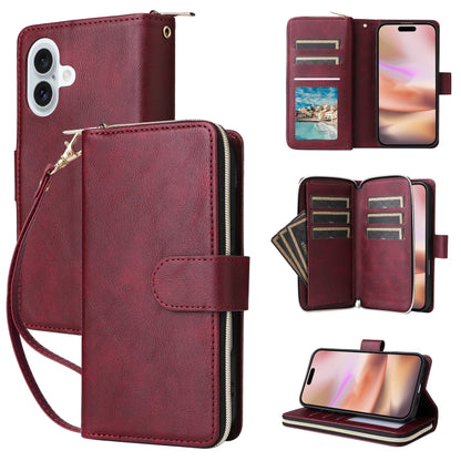 For iPhone 16 Plus 9 Card Slots Zipper Wallet Bag Leather Phone Case(Wine Red) - iPhone 16 Plus Cases by PMC Jewellery | Online Shopping South Africa | PMC Jewellery | Buy Now Pay Later Mobicred