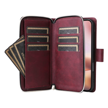 For iPhone 16 Plus 9 Card Slots Zipper Wallet Bag Leather Phone Case(Wine Red) - iPhone 16 Plus Cases by PMC Jewellery | Online Shopping South Africa | PMC Jewellery | Buy Now Pay Later Mobicred