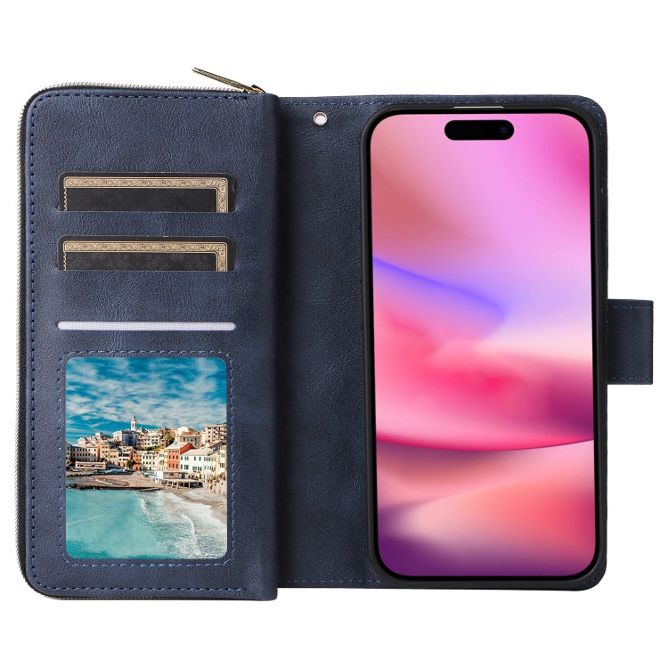 For iPhone 16 9 Card Slots Zipper Wallet Bag Leather Phone Case(Blue) - iPhone 16 Cases by PMC Jewellery | Online Shopping South Africa | PMC Jewellery | Buy Now Pay Later Mobicred