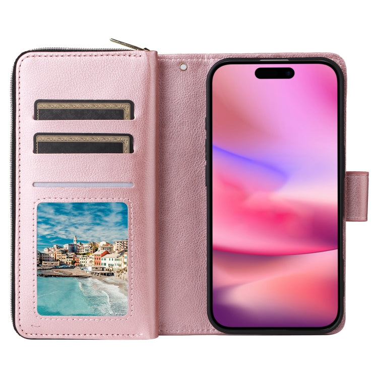 For iPhone 16 9 Card Slots Zipper Wallet Bag Leather Phone Case(Rose Gold) - iPhone 16 Cases by PMC Jewellery | Online Shopping South Africa | PMC Jewellery | Buy Now Pay Later Mobicred