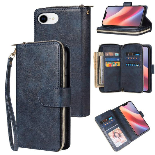 For iPhone 16e 9 Card Slots Zipper Wallet Bag Leather Phone Case(Blue) - iPhone 16e Cases by PMC Jewellery | Online Shopping South Africa | PMC Jewellery | Buy Now Pay Later Mobicred