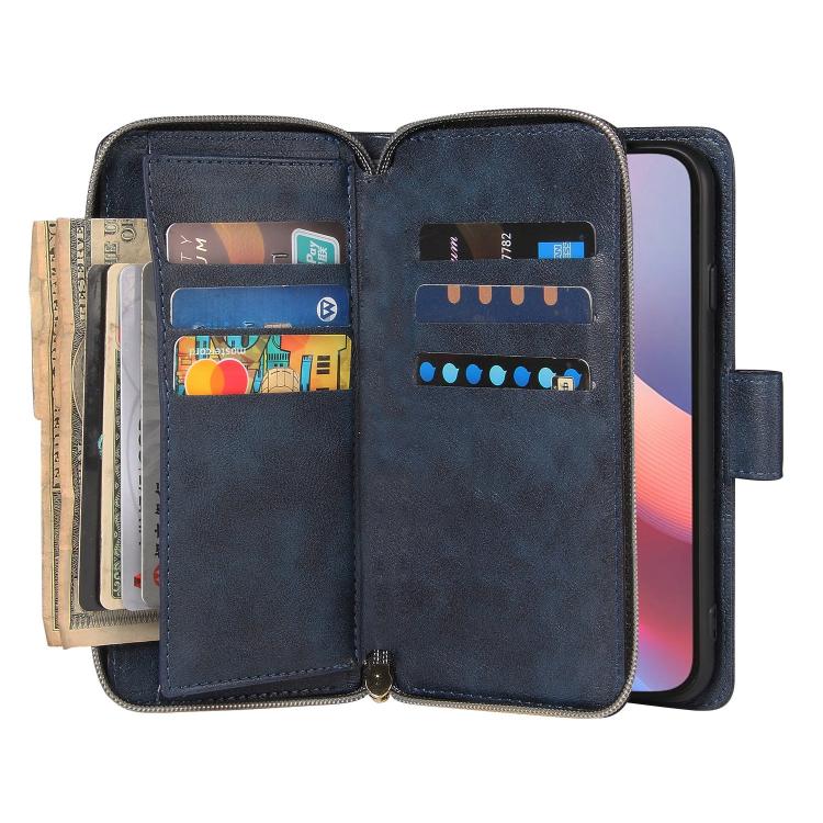 For iPhone 16e 9 Card Slots Zipper Wallet Bag Leather Phone Case(Blue) - iPhone 16e Cases by PMC TechLife | Online Shopping South Africa | PMC TechLife | Buy Now Pay Later Mobicred