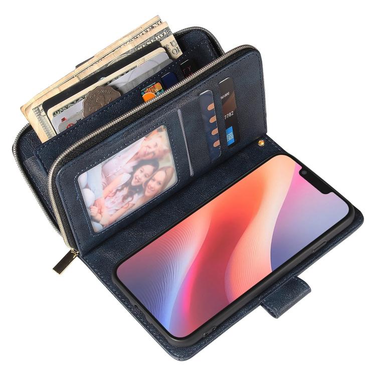 For iPhone 16e 9 Card Slots Zipper Wallet Bag Leather Phone Case(Blue) - iPhone 16e Cases by PMC TechLife | Online Shopping South Africa | PMC TechLife | Buy Now Pay Later Mobicred
