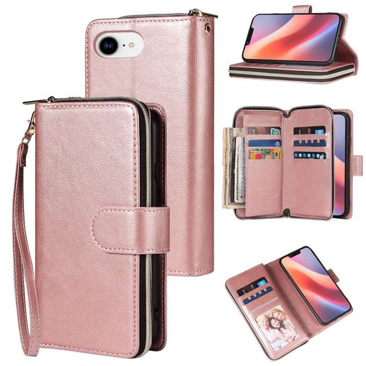 For iPhone 16e 9 Card Slots Zipper Wallet Bag Leather Phone Case(Rose Gold) - iPhone 16e Cases by PMC Jewellery | Online Shopping South Africa | PMC Jewellery | Buy Now Pay Later Mobicred