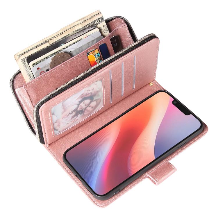 For iPhone 16e 9 Card Slots Zipper Wallet Bag Leather Phone Case(Rose Gold) - iPhone 16e Cases by PMC TechLife | Online Shopping South Africa | PMC TechLife | Buy Now Pay Later Mobicred