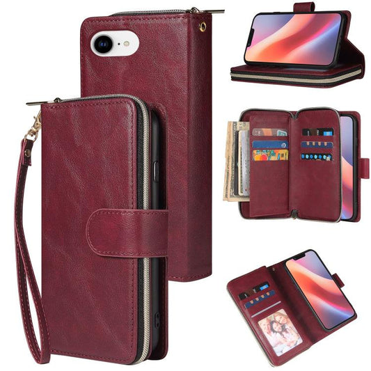 For iPhone 16e 9 Card Slots Zipper Wallet Bag Leather Phone Case(Wine Red) - iPhone 16e Cases by PMC Jewellery | Online Shopping South Africa | PMC Jewellery | Buy Now Pay Later Mobicred