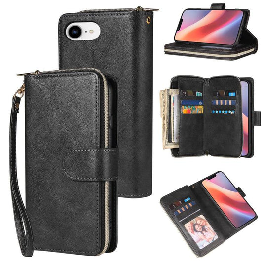 For iPhone 16e 9 Card Slots Zipper Wallet Bag Leather Phone Case(Black) - iPhone 16e Cases by PMC Jewellery | Online Shopping South Africa | PMC Jewellery | Buy Now Pay Later Mobicred