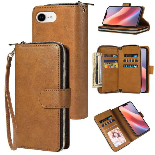 For iPhone 16e 9 Card Slots Zipper Wallet Bag Leather Phone Case(Brown) - iPhone 16e Cases by PMC Jewellery | Online Shopping South Africa | PMC Jewellery | Buy Now Pay Later Mobicred