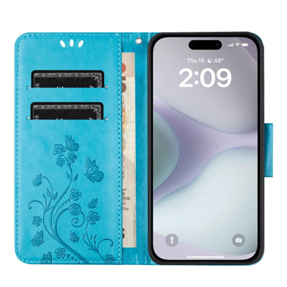 For iPhone 16 Plus Butterfly Flower Pattern Flip Leather Phone Case(Blue) - iPhone 16 Plus Cases by PMC Jewellery | Online Shopping South Africa | PMC Jewellery | Buy Now Pay Later Mobicred