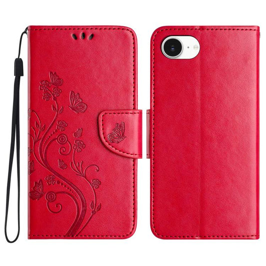 For iPhone 16e Butterfly Flower Pattern Flip Leather Phone Case(Red) - iPhone 16e Cases by PMC Jewellery | Online Shopping South Africa | PMC Jewellery | Buy Now Pay Later Mobicred