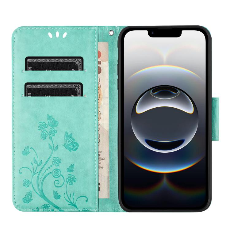 For iPhone 16e Butterfly Flower Pattern Flip Leather Phone Case(Green) - iPhone 16e Cases by PMC TechLife | Online Shopping South Africa | PMC TechLife | Buy Now Pay Later Mobicred