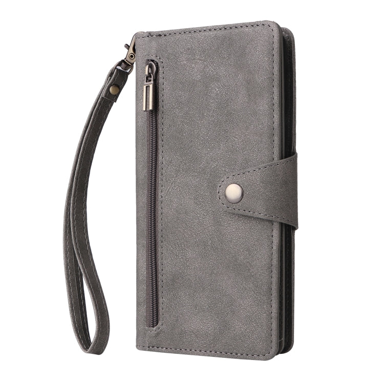 For Google Pixel 8a Rivet Buckle 9 Cards Three Fold Leather Phone Case(Grey) - Google Cases by PMC TechLife | Online Shopping South Africa | PMC TechLife | Buy Now Pay Later Mobicred
