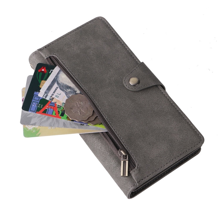 For Google Pixel 8a Rivet Buckle 9 Cards Three Fold Leather Phone Case(Grey) - Google Cases by PMC TechLife | Online Shopping South Africa | PMC TechLife | Buy Now Pay Later Mobicred