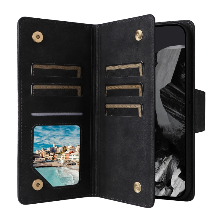 For Google Pixel 9 Pro Rivet Buckle 9 Cards Three Fold Leather Phone Case(Black) - Google Cases by PMC TechLife | Online Shopping South Africa | PMC TechLife | Buy Now Pay Later Mobicred