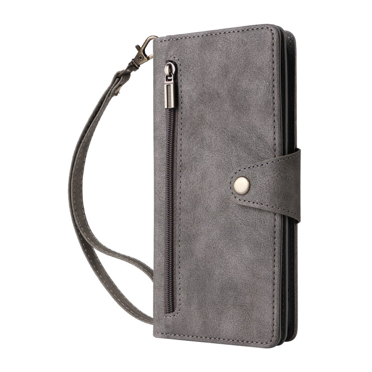 For Google Pixel 9 Rivet Buckle 9 Cards Three Fold Leather Phone Case(Grey) - Google Cases by PMC TechLife | Online Shopping South Africa | PMC TechLife | Buy Now Pay Later Mobicred