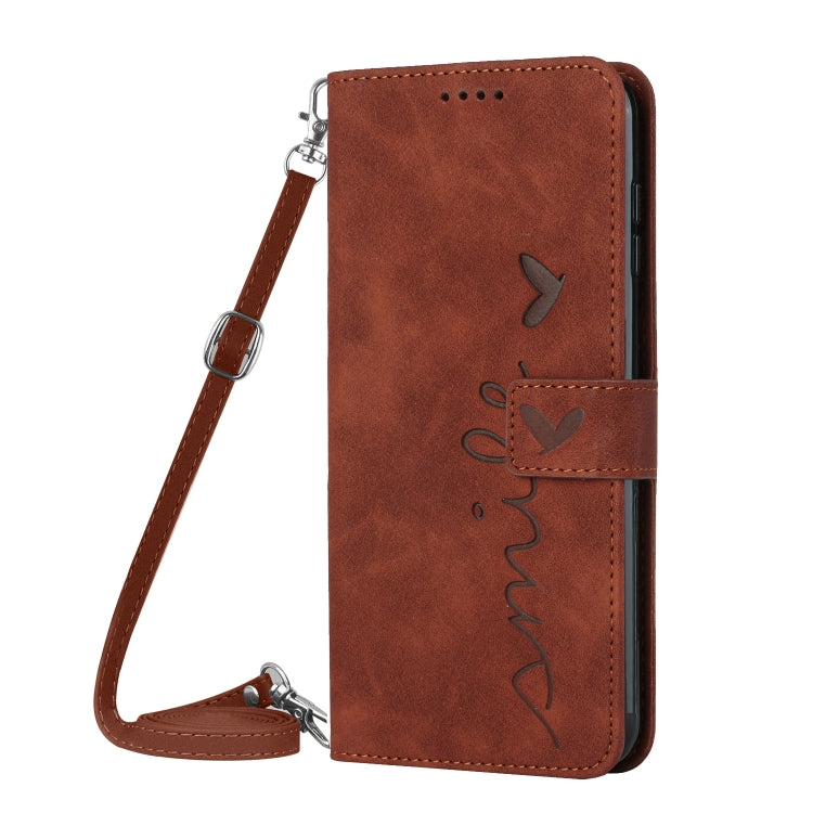 For OPPO A58 4G Skin Feel Heart Pattern Leather Phone Case with Lanyard(Brown) - OPPO Cases by PMC Jewellery | Online Shopping South Africa | PMC Jewellery | Buy Now Pay Later Mobicred