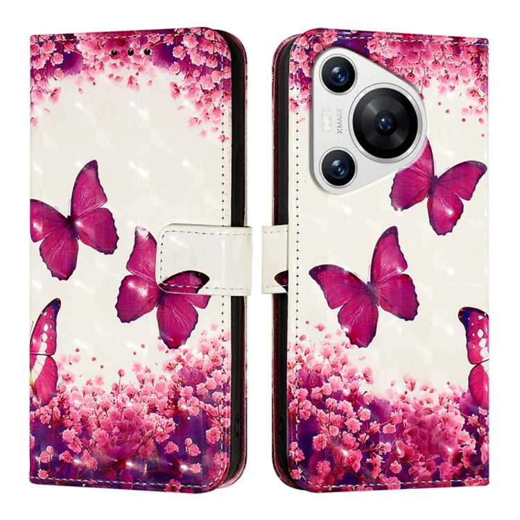 For Huawei Pura 70 3D Painting Horizontal Flip Leather Phone Case(Rose Butterfly) - Huawei Cases by PMC Jewellery | Online Shopping South Africa | PMC Jewellery | Buy Now Pay Later Mobicred