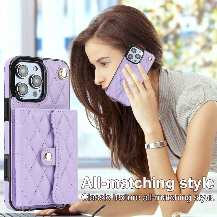 For iPhone 16 Pro Crossbody Rhombic Horizontal Wallet Leather Phone Case(Purple) - iPhone 16 Pro Cases by PMC Jewellery | Online Shopping South Africa | PMC Jewellery | Buy Now Pay Later Mobicred