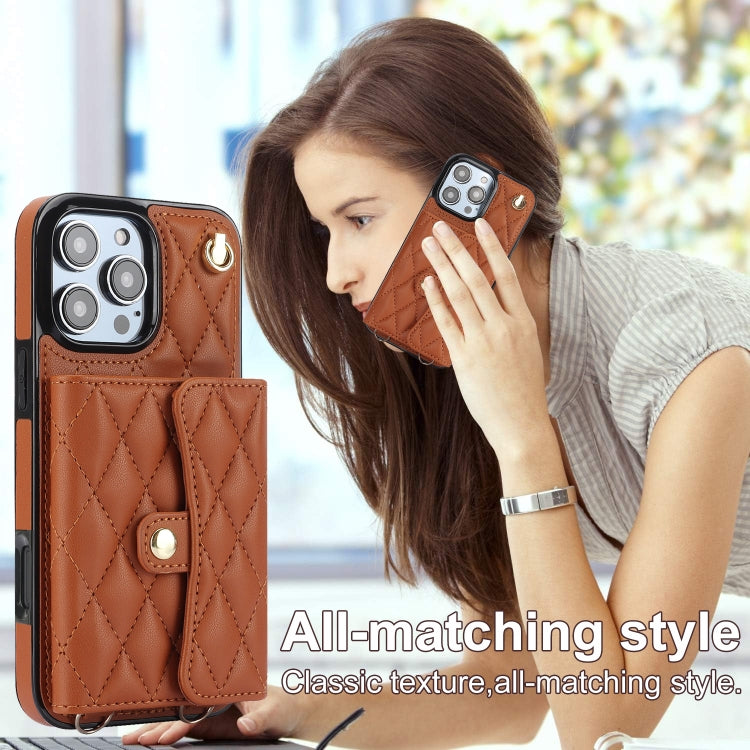 For iPhone 16 Pro Crossbody Rhombic Horizontal Wallet Leather Phone Case(Brown) - iPhone 16 Pro Cases by PMC Jewellery | Online Shopping South Africa | PMC Jewellery | Buy Now Pay Later Mobicred