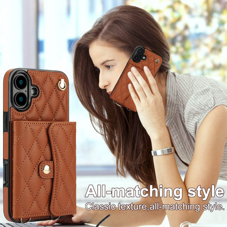 For iPhone 16 Crossbody Rhombic Horizontal Wallet Leather Phone Case(Brown) - iPhone 16 Cases by PMC Jewellery | Online Shopping South Africa | PMC Jewellery | Buy Now Pay Later Mobicred