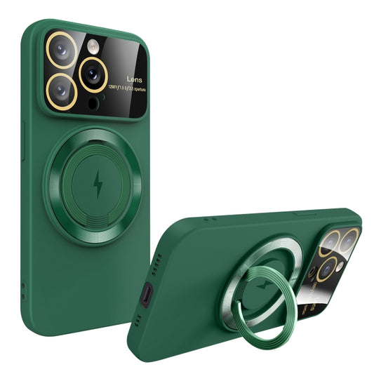 For iPhone 14 Pro Large Window MagSafe Magnetic Holder Phone Case(Dark Green) - iPhone 14 Pro Cases by PMC Jewellery | Online Shopping South Africa | PMC Jewellery