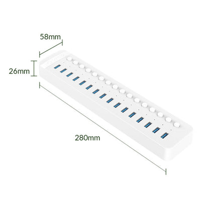 ORICO CT2U3-16AB Plastic Stripes 16 Ports USB 3.0 HUB with Individual Switches, Plug:UK Plug(White) - USB 3.0 HUB by ORICO | Online Shopping South Africa | PMC Jewellery | Buy Now Pay Later Mobicred