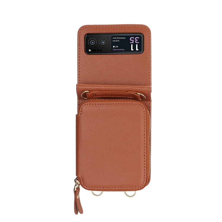 For Motorola Razr 40 Long and Short Lanyard Zipper Card Slot Foldable Phone Case(Brown) - Motorola Cases by PMC Jewellery | Online Shopping South Africa | PMC Jewellery | Buy Now Pay Later Mobicred