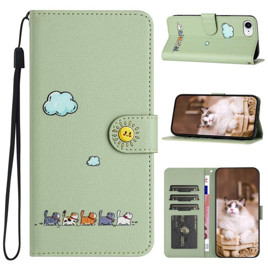 For iPhone 16e Cartoon Cats Leather Phone Case(Green) - iPhone 16e Cases by PMC Jewellery | Online Shopping South Africa | PMC Jewellery | Buy Now Pay Later Mobicred