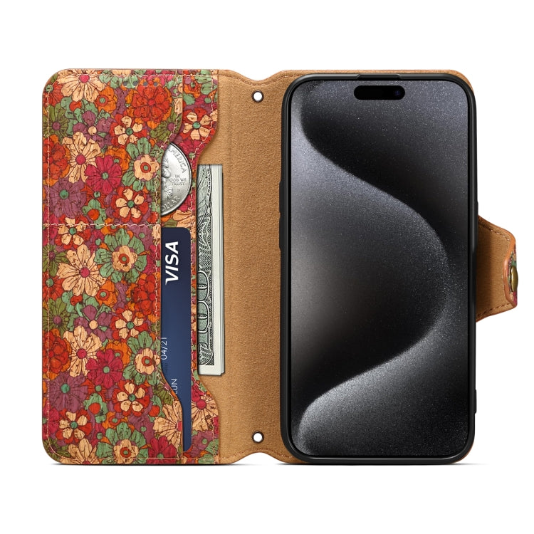 For iPhone 16 Plus Denior Flower Language Series Cork Fabric Oil Edge Leather Phone Case(Summer) - iPhone 16 Plus Cases by Denior | Online Shopping South Africa | PMC Jewellery | Buy Now Pay Later Mobicred