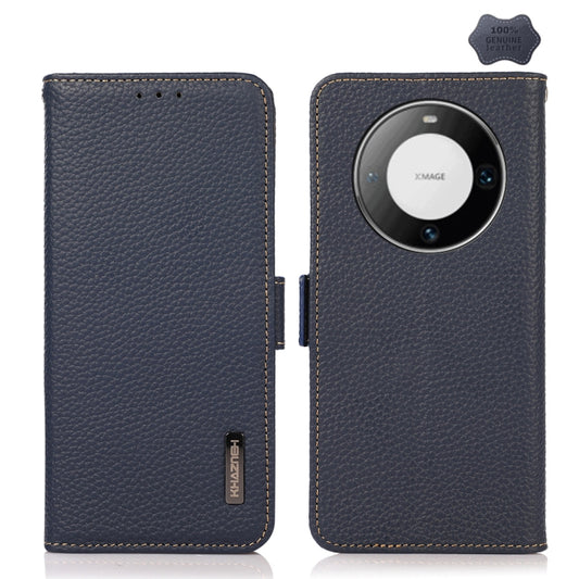 For Huawei Mate 60 KHAZNEH Side-Magnetic Litchi Genuine Leather RFID Case(Blue) - Huawei Cases by PMC Jewellery | Online Shopping South Africa | PMC Jewellery | Buy Now Pay Later Mobicred