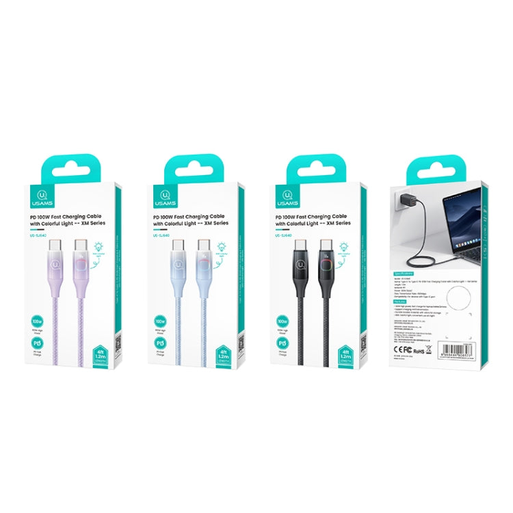 USAMS US-SJ640 1.2m Type-C to Type-C PD100W Fast Charging Cable with Colorful Light(Gradient Blue) - USB-C & Type-C Cable by USAMS | Online Shopping South Africa | PMC Jewellery | Buy Now Pay Later Mobicred