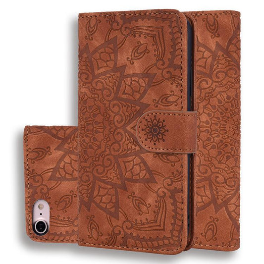 For iPhone 16e Mandala Embossed Dual-Fold Calf Leather Phone Case(Brown) - iPhone 16e Cases by PMC Jewellery | Online Shopping South Africa | PMC Jewellery | Buy Now Pay Later Mobicred