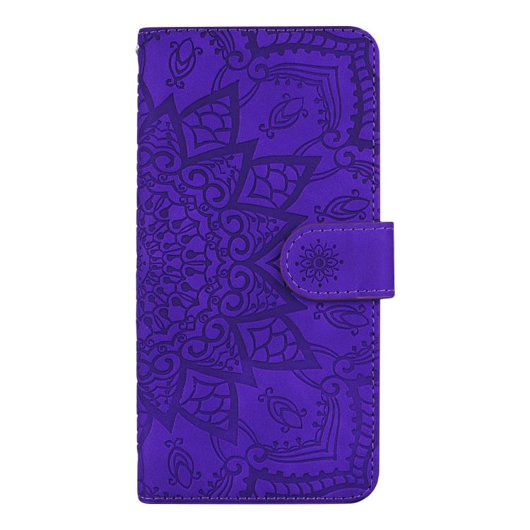 For iPhone 16e Mandala Embossed Dual-Fold Calf Leather Phone Case(Purple) - iPhone 16e Cases by PMC TechLife | Online Shopping South Africa | PMC TechLife | Buy Now Pay Later Mobicred