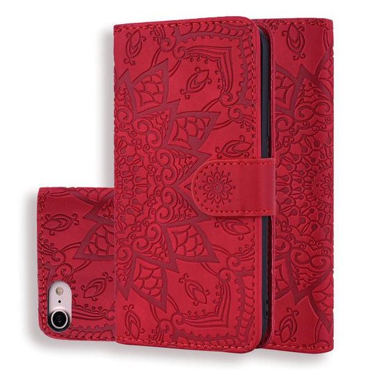 For iPhone 16e Mandala Embossed Dual-Fold Calf Leather Phone Case(Red) - iPhone 16e Cases by PMC Jewellery | Online Shopping South Africa | PMC Jewellery | Buy Now Pay Later Mobicred