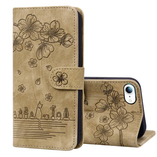 For iPhone 16e Cartoon Sakura Cat Embossed Leather Phone Case(Brown) - iPhone 16e Cases by PMC Jewellery | Online Shopping South Africa | PMC Jewellery | Buy Now Pay Later Mobicred