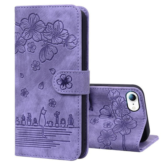 For iPhone 16e Cartoon Sakura Cat Embossed Leather Phone Case(Purple) - iPhone 16e Cases by PMC Jewellery | Online Shopping South Africa | PMC Jewellery | Buy Now Pay Later Mobicred