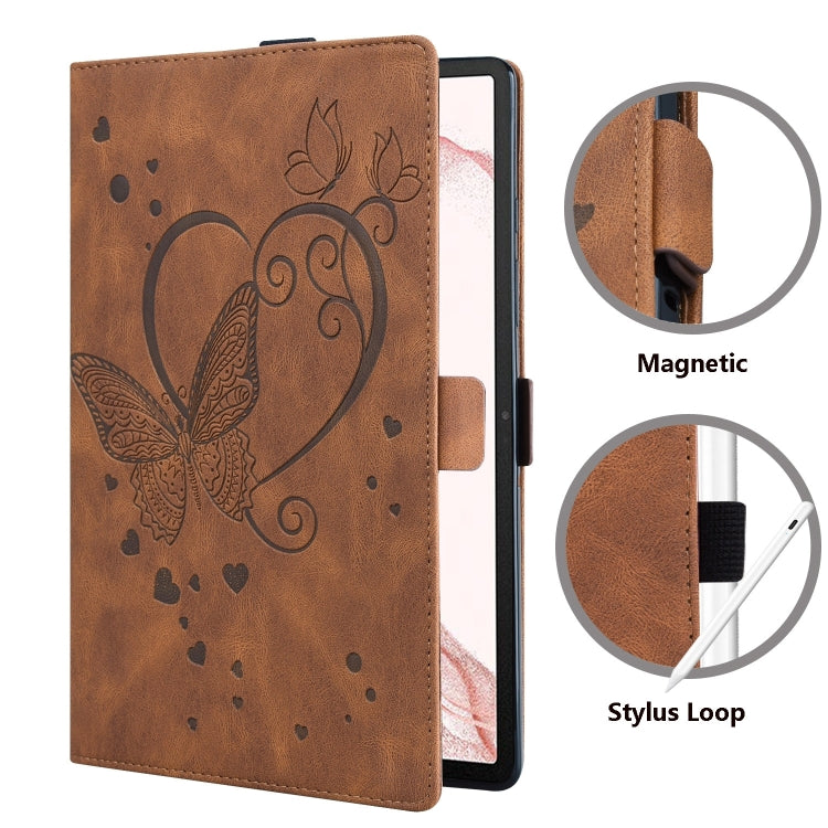 For Samsung Galaxy Tab S9 FE+ Love Butterfly Embossed Leather Tablet Case(Brown) - Galaxy Tab S9 FE+ by PMC Jewellery | Online Shopping South Africa | PMC Jewellery | Buy Now Pay Later Mobicred