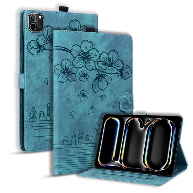 For iPad Pro 13 2024 Cartoon Sakura Cat Embossed Smart Leather Tablet Case(Green) - iPad Pro 13 2024 Cases by PMC TechLife | Online Shopping South Africa | PMC TechLife | Buy Now Pay Later Mobicred