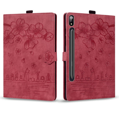 For Samsung Galaxy Tab S9+ /S8+ /S7+ Cartoon Sakura Cat Embossed Smart Leather Tablet Case(Red) - Galaxy Tab S9+ Cases by PMC Jewellery | Online Shopping South Africa | PMC Jewellery | Buy Now Pay Later Mobicred