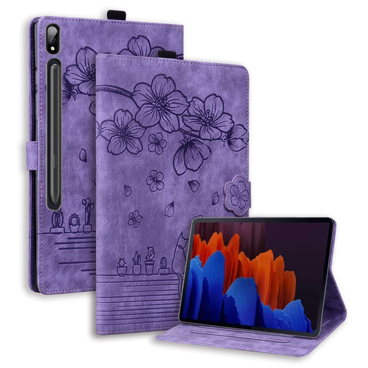 For Samsung Galaxy Tab S9+ /S8+ /S7+ Cartoon Sakura Cat Embossed Smart Leather Tablet Case(Purple) - Galaxy Tab S9+ Cases by PMC Jewellery | Online Shopping South Africa | PMC Jewellery | Buy Now Pay Later Mobicred